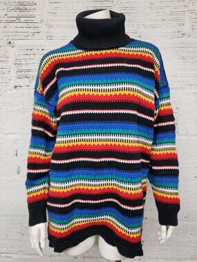 Vintage Class 955 Size L Colorful Multi-pattern 1980's Cotton Turtleneck Sweater